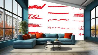 Grunge red strike through and underline elements.  Set of hand drawn red Wax crayon lines. Doodle vector graphic elements Wall mural