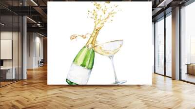 Bursting champagne bottle with glass. Watercolor drink illustration. Wall mural