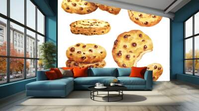 Hand drawn watercolor delicious cookies set, with chocolate drops, isolated on white background. Food illustration. Wall mural