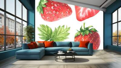 Hand drawn watercolor strawberry set  with green leaves, delicious food art isolated on white background. Wall mural