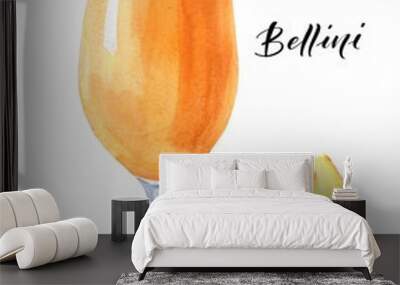 Watercolor Bellini cocktail with peach slice isolated on white background. Watercolour drink illustration. Wall mural