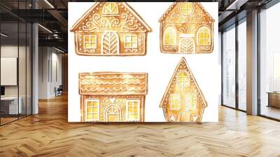 Watercolor gingerbread houses set on white background. Watercolour Christmas food illustration. Wall mural