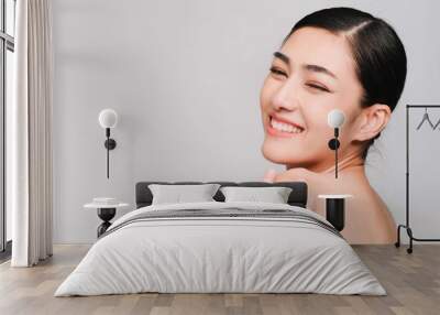 Young beautiful asian woman with clean, fresh and bright skin, Happiness and cheerful with positive emotional,isolated on gray background,Beauty Cosmetics and Facial treatment Concept Wall mural