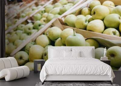 Pile of fresh ripe green apples in boxes at market Wall mural