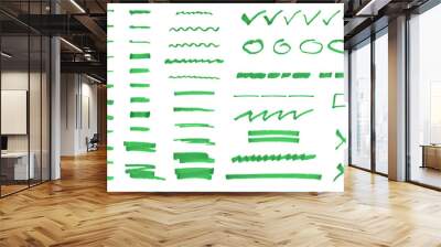 Set of highlighter elements, hand drawn stripe by green marker. Underline, colorful text mark. Brushes collection. Vector illustration isolated on white background Wall mural