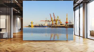 a view of the cargo port and cranes, a ship with containers at the pier. sunny day, calm water of th Wall mural