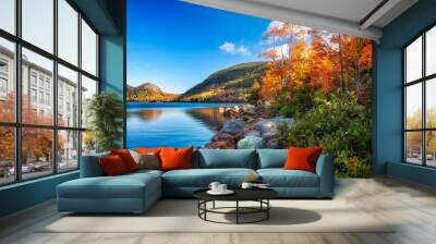 beautiful autumn landscape with mountains in colorful autumn trees on the lake. Acadia National Park. USA. Maine. Wall mural