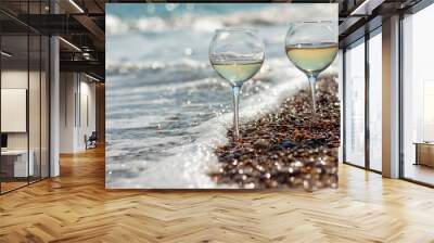 Two glasses of wine on the seashore in the waves and sparkling bokeh from water and pebbles
 Wall mural