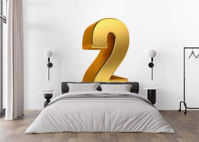 Two, 3d illustration golden number 2 on white background and copy space on right hand side for text, Best for anniversary, birthday, new year celebration. Wall mural