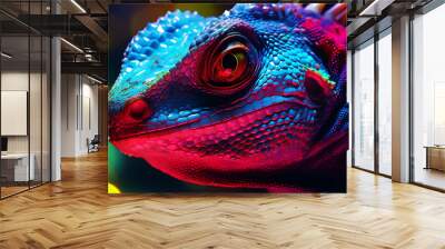 Colorful lizard in neon colors. Dark background with a close-up. Wall mural