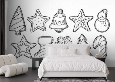 Hand drawn vector doodle set of gingerbread Christmas cookies in black outline for kids coloring book illustrations. Wall mural