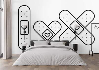 Medical cute illustration of band aid with a heart in outline style. Medical bandage plaster line icon. . Wall mural