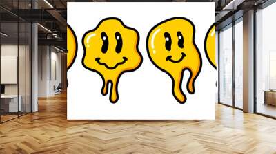 Melting smile vintage illustration. Retro psychedelic melt smile face logo. Dripping smile. Good mood. Positive emoji sticker. Vector groovy emoji face. Face symbol. Wall mural