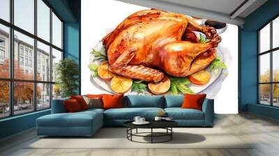 Roasted turkey meal watercolor illustration for Thanksgiving. AI generated Wall mural