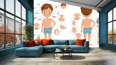 Boy body front view and rear view. Children with different parts of the body for teaching. Body details.The diagram shows the various external. parts of the body. Cartoon vector illustration isolated  Wall mural