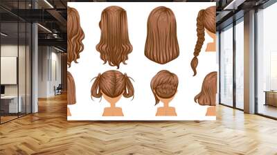 Brown hair Beautiful  hairstyle Brown Hair of woman. Rear view.  modern fashion for assortment. long hair, short hair, curly hair salon hairstyles and trendy haircut vector icon set  Wall mural