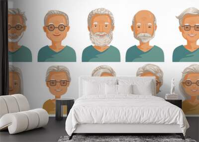 Elderly face set. Elderly  head and hairstyles character creation. Eye, mouth, nose, eyebrows, glasses and hairstyles.  Wall mural