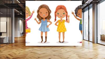 Little girls Full length of cute girls in dress standing and posing. Beautiful fashion  of girls group. Smile and waving friendly. Vector cartoon illustrations isolated on white background. Wall mural