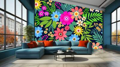 Amazing seamless floral pattern with bright colorful flowers and leaves on a dark blue background. The elegant the template for fashion prints. Modern floral background. Folk style. Wall mural