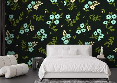 Cute floral pattern in the small flower. Ditsy print. Motifs scattered random. Seamless vector texture. Elegant template for fashion prints. Printing with small blue flowers. Dark background. Wall mural