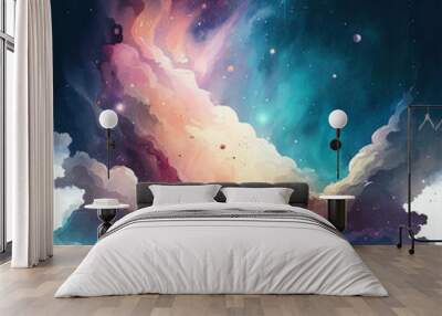 Magical night starry sky and clouds for astronomy nature banner. Watercolor stars background for National Space Day. Generative AI
 Wall mural