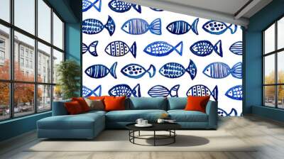 Watercolor blue fish pattern. Sea animal background. Aquarium illustration Wall mural