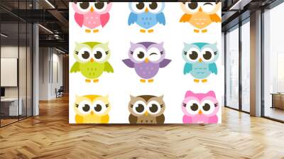 set of cute colorful owls isolated on white background Wall mural