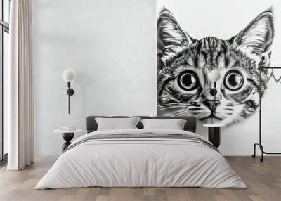   A B&W image of a feline emerging from a white wall with a pencil sketch of its face Wall mural