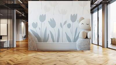  A  bear perched atop a ball before a wall adorned with tulip paintings Wall mural