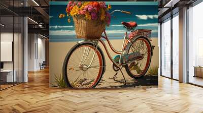  a bicycle with a basket full of flowers on the beach with the ocean in the background of the picture and a blue sky in the background.  generative ai Wall mural