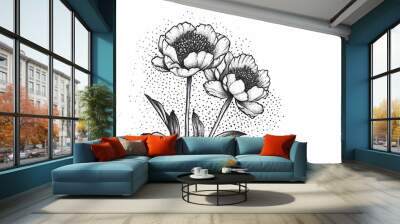  a black and white drawing of two sunflowers on a white background with a splash of water on the bottom of the image and bottom half of the image. Wall mural