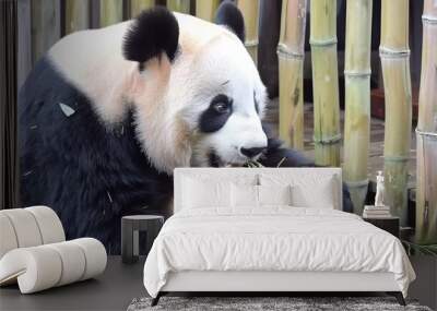  a black and white panda eating bamboo in a zoo enclosure with bamboo trees in the background and a bamboo plant in the foreground. Wall mural