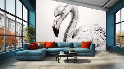  a black and white picture of a flamingo with a long neck and a long neck, standing in front of a white background. Wall mural