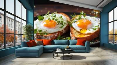  a black plate topped with two pieces of bread covered in an egg on top of a piece of bread next to a glass of beer. Wall mural