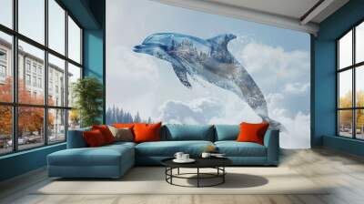   A blue whale floating in the sky among trees and clouds in the backdrop Wall mural