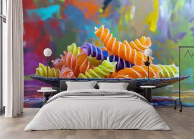  a bowl filled with colorful pasta on top of a colorful table cloth covered in a paint spatula on top of a colorful table cloth covered with multicolored paint. Wall mural