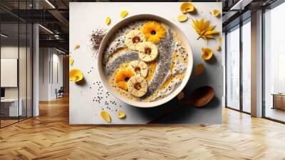  a bowl of oatmeal with bananas and sunflowers on a table with spoons and petals around it and a spoon.  generative ai Wall mural