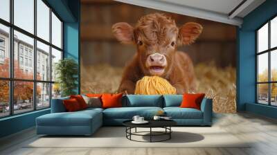   A brown cow sits atop a heap of hay, holding a ball of yarn in its mouth Wall mural