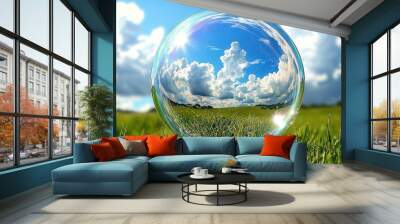   A bubble of soap rests amidst a sea of green grass, nestled beneath a blue canopy adorned with fluffy clouds Wall mural