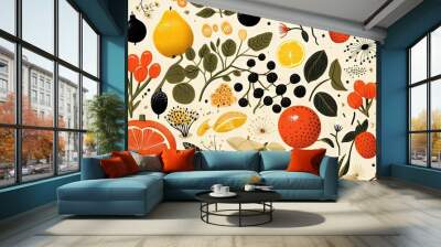  a bunch of fruit and leaves on a white background with oranges, lemons, and blackberries.  generative ai Wall mural