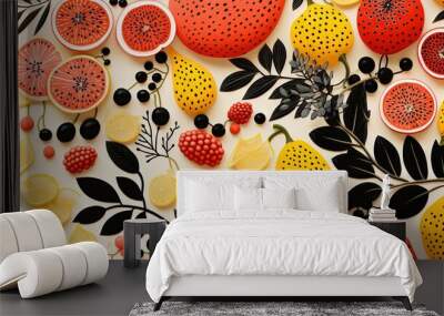  a bunch of fruit that are on a table together with leaves and berries.  generative ai Wall mural