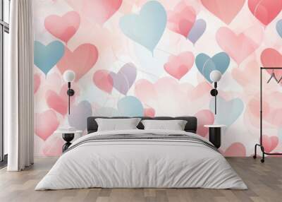  a bunch of heart shaped balloons floating in the air with pink, blue, and red colors on a white background. Wall mural