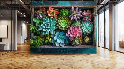  a bunch of succulents are in a wooden box on a blue painted wooden surface with a green pattered wall behind them and a blue wall behind them. Wall mural