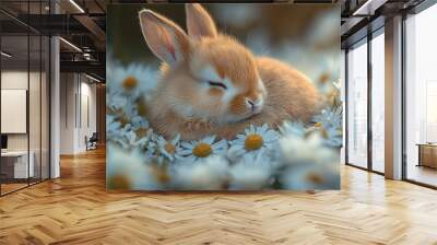   A bunny lying down in a field of daisies, its eyes closed Wall mural