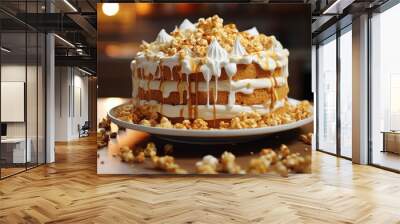  a cake with white frosting and caramel drizzle on a plate next to a glass of milk. Wall mural