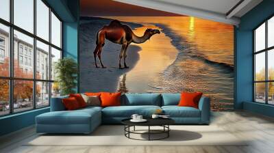   A camel on a sandy beach, near water, at sunset, with the sun far away Wall mural