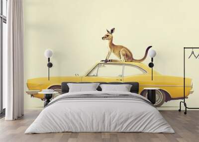   A cat perched atop a yellow vehicle with another feline lounging on top of it Wall mural