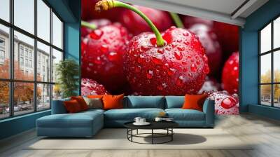   A cherry with water droplets on top and bottom Wall mural