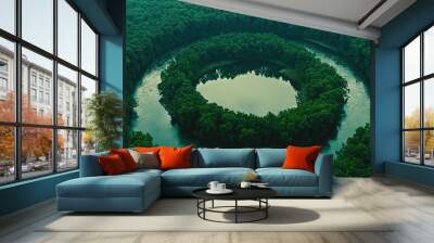   A circular grove of trees encircling a river, surrounded by another grove of trees in the midst of a forest Wall mural