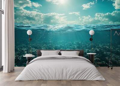   A clear picture of the underwater sea landscape beneath cloudy sky sunbeams Wall mural